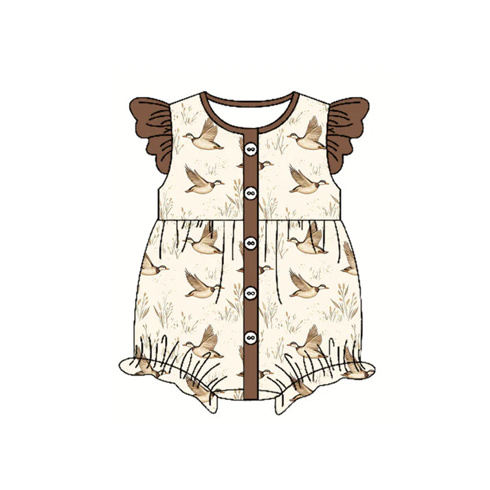 Preorder moq 5 Baby Girls Brown Flutter Sleeves Button Ducks Ruffle Rompers 4.17