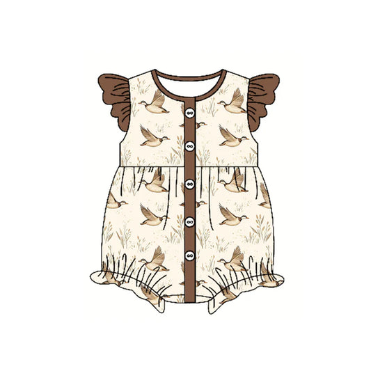 Preorder moq 5 Baby Girls Brown Flutter Sleeves Button Ducks Ruffle Rompers 4.17