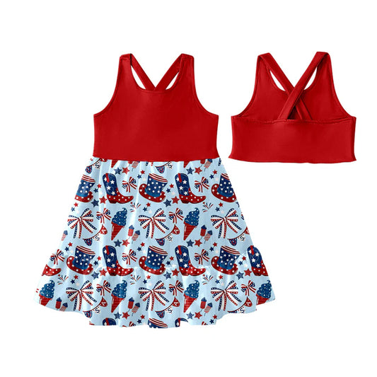 Preorder (moq 5)Baby Girls Red Sleeveless Boots Fireworks Patchwork 4th Of July Knee Length Dress 4.25