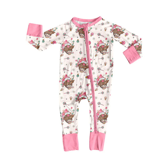 Preorder moq 5 Baby Infant Girls Long Sleeves Lights Highland Cows Plaid Zipper Romper 7.16