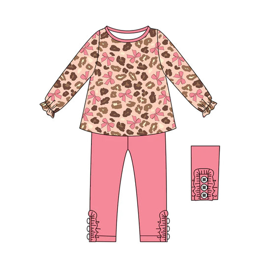 Preorder (moq 5)Baby Girls Long Ruffle Sleeves Pink Bows Leopard Tunic Legging Pant Sets 6.11