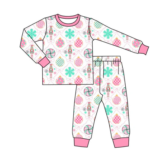 Preorder (moq 8)Baby Bows Pink Bows Soldiers Top Pants Christmas Pajamas Sets 9.10