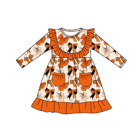 Preorder moq 5 Baby Girls Long Sleeves Orange Pockets Bows Knee Length Dresses 5.8