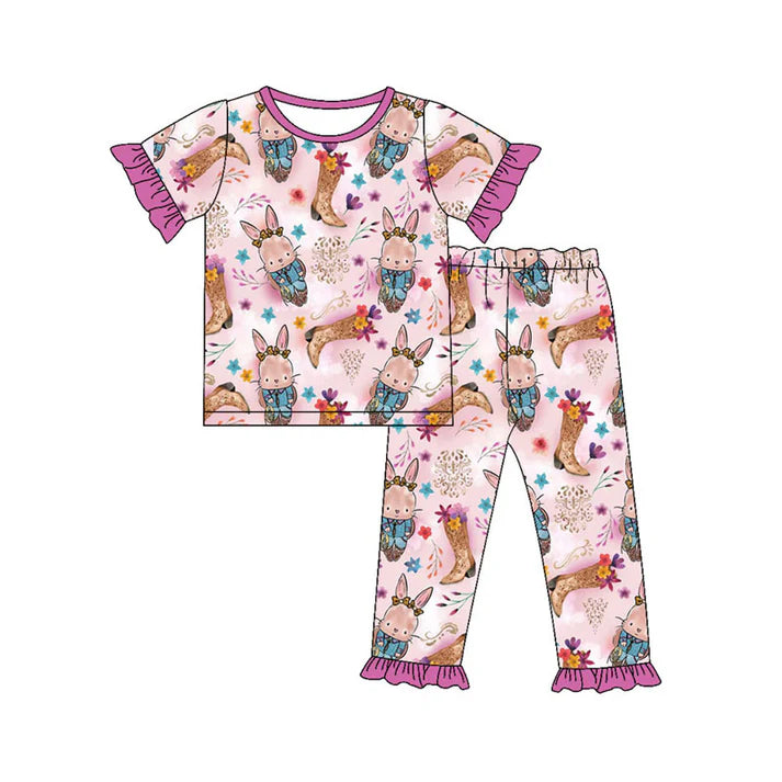 Preorder(moq 8)Baby Girls Rabbits Boots Flowers Top Ruffle Pants Easter Pajamas Set 9.30