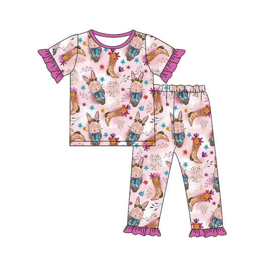 Preorder(moq 8)Baby Girls Rabbits Boots Flowers Top Ruffle Pants Easter Pajamas Set 9.30