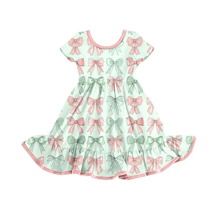 Preorder(moq 8)Baby Girls Pink Green Bows Stripe Ruffle Knee Length Dresses 9.26