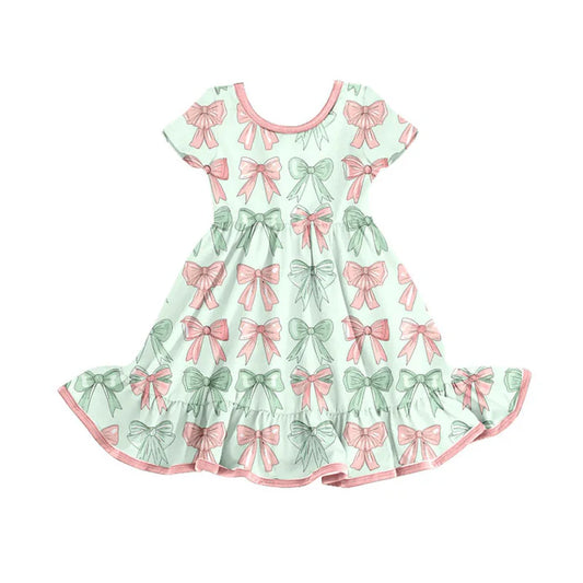Preorder(moq 8)Baby Girls Pink Green Bows Stripe Ruffle Knee Length Dresses 9.26
