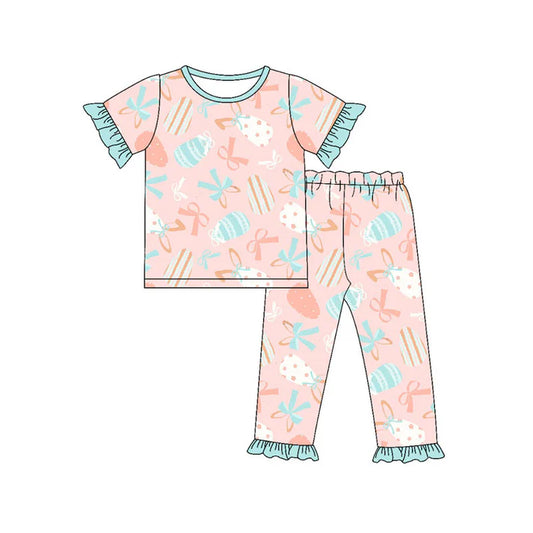 Preorder (moq 8)Baby Girls Bows Eggs Top Ruffle Pants Easter Pajamas Sets 9.17
