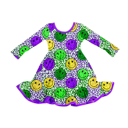 Preorder (moq 5)Baby Girls Mardi Gras Purple Yellow Green Smiles Leopard Ruffle Knee Length Dress 9.3