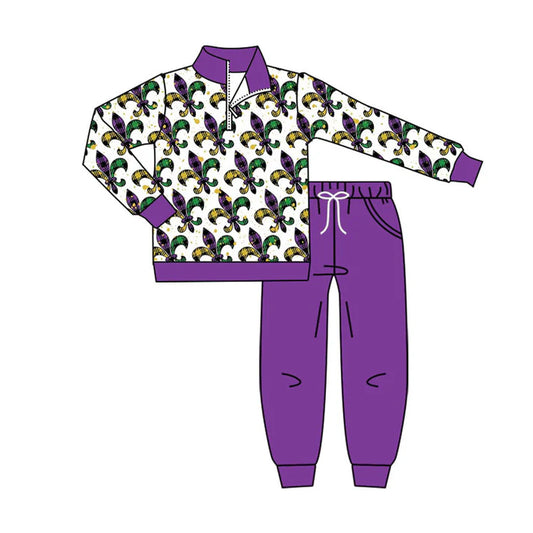Preorder (moq 8)Baby Boys Anchors Zipper Pullover Pockets Jogger Mardigras Clothes Sets 9.10