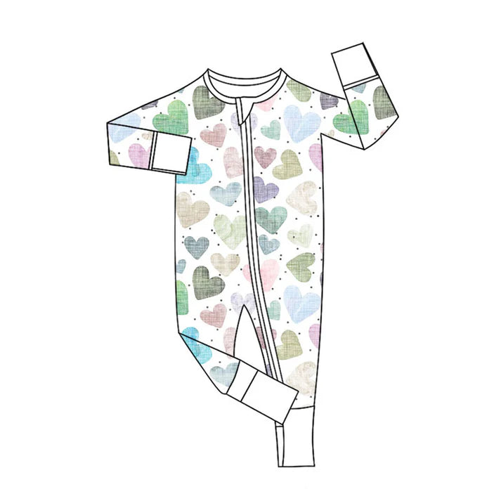 Preorder (moq 5)Baby Girls Long Sleeve Colorful Hearts Valentine Zipper Footie Rompers 11.12
