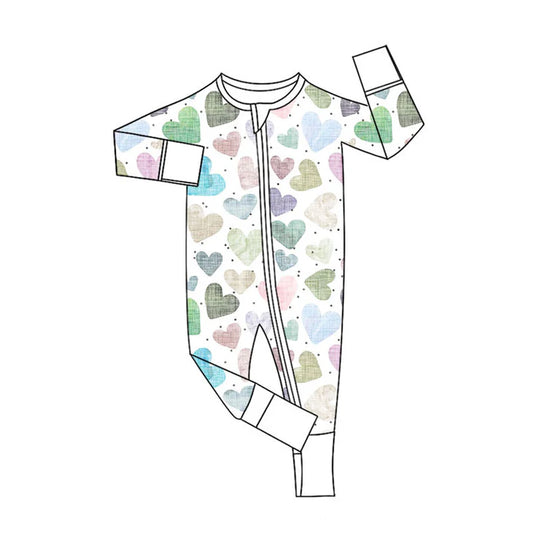 Preorder (moq 5)Baby Girls Long Sleeve Colorful Hearts Valentine Zipper Footie Rompers 11.12