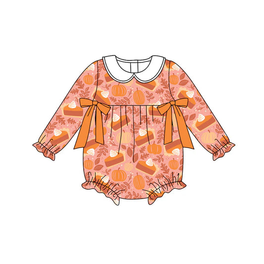 Preorder (moq 5)Baby Girls Long Sleeves Peach Pie Pumpkins Bows Plaid Ruffle Romper 7.3