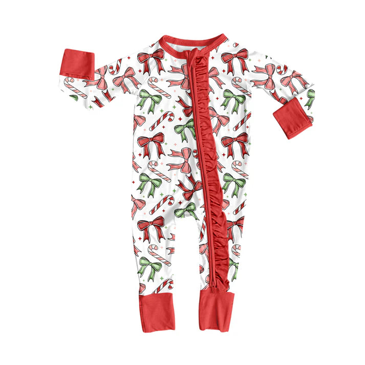 Preorder(moq 5)Baby Girls Red Christmas Red Green Bows Ruffle Zipper Footie Rompers 8.14