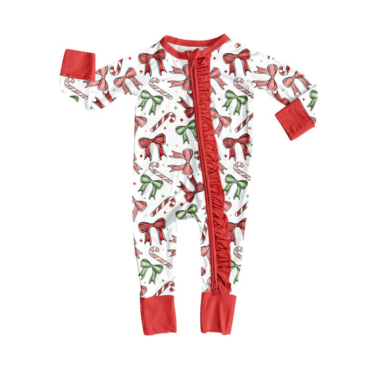 Preorder(moq 5)Baby Girls Red Christmas Red Green Bows Ruffle Zipper Footie Rompers 8.14