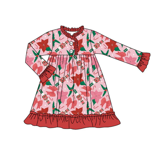 Preorder (moq 8)Baby Girls Red Soldiers Holly Bows Christmas Button Ruffle Knee Length Dress 9.23