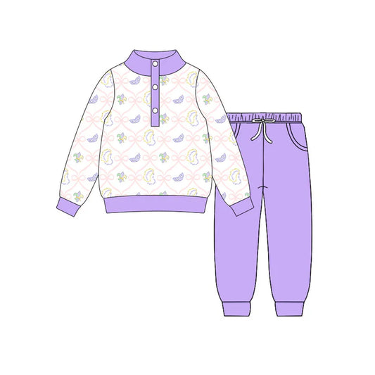 Preorder(moq 5) Baby Girls Masks Bows Checked Button Top Pockets Jogger Mardigras Clothes Sets 10.31