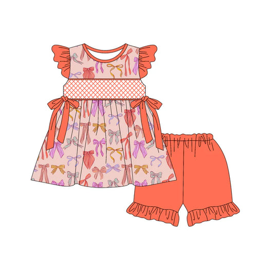 Preorder (moq 5)Baby Girls Orange Flutter Sleeves Colorful Bows Tunic Ruffle Short Set 5.15