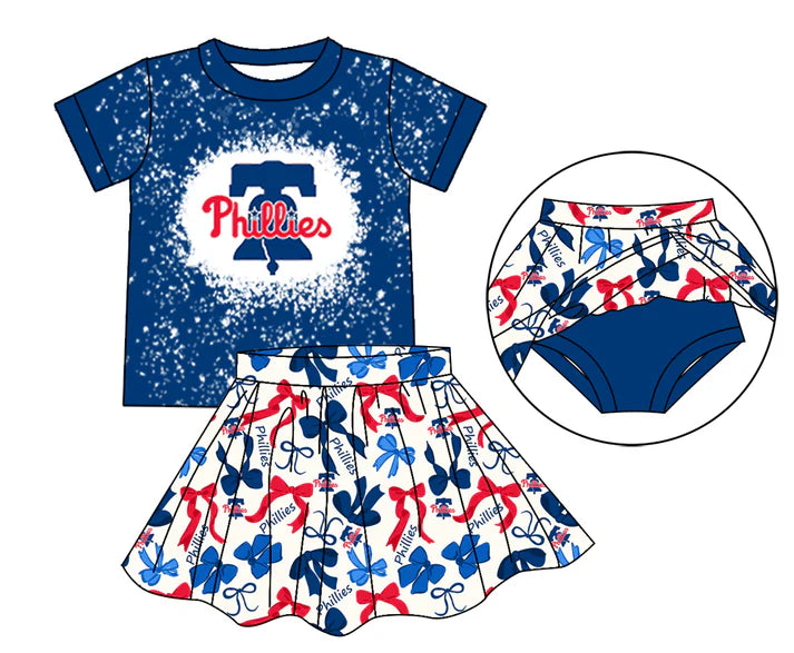 Preorder moq 5 blue P bleached top bow skirt girls team outfits 8.26