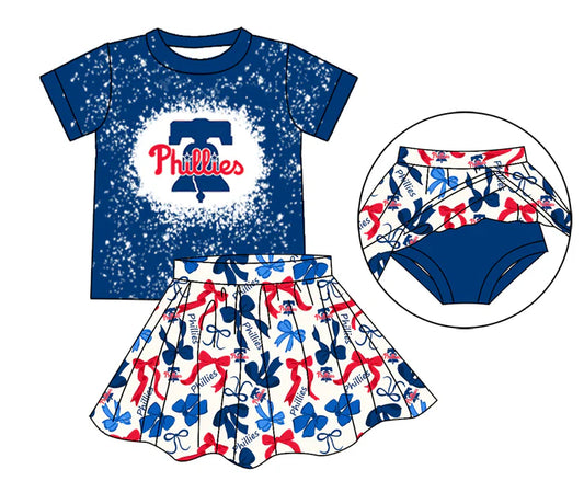 Preorder moq 5 blue P bleached top bow skirt girls team outfits 8.26