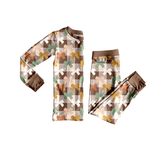 Preorder (moq 5)Baby Girls Long Sleeves Khaki Plaid Bows Top Pant Pajamas Set 5.24