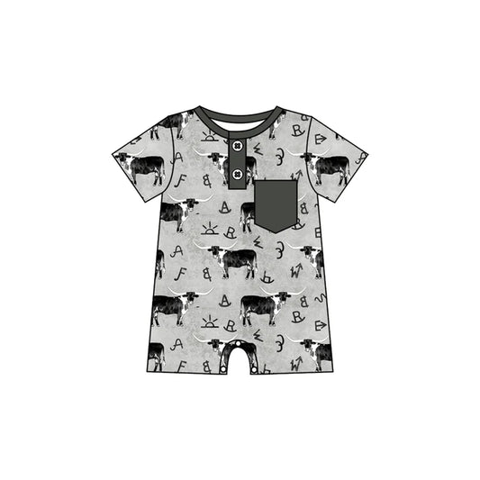 Preorder (moq 5)Baby Boys Grey Cows Button Pocket Western Short Rompers 10.28