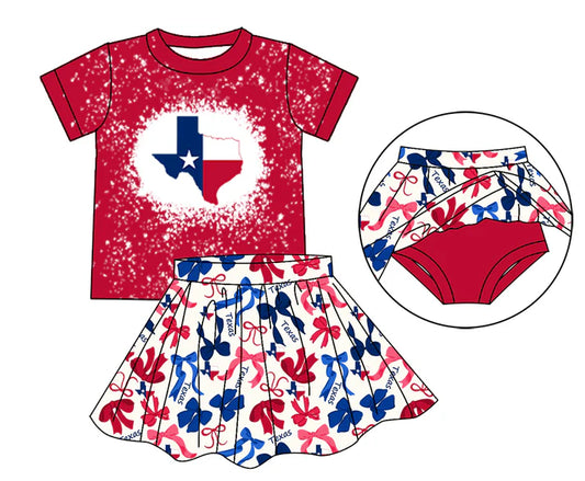 Preorder moq 5 T bleached top red blue bow skirt girls team outfits 8.23