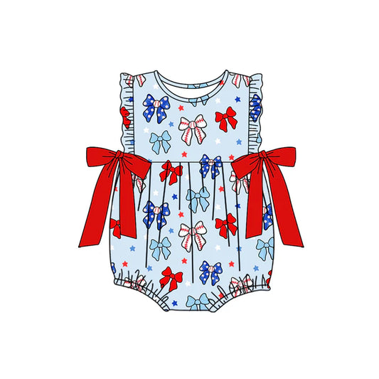 Preorder (moq 5)Baby Girls Sleeveless Blue Red Bows Stars 4th Of July Ruffle Rompers 4.24