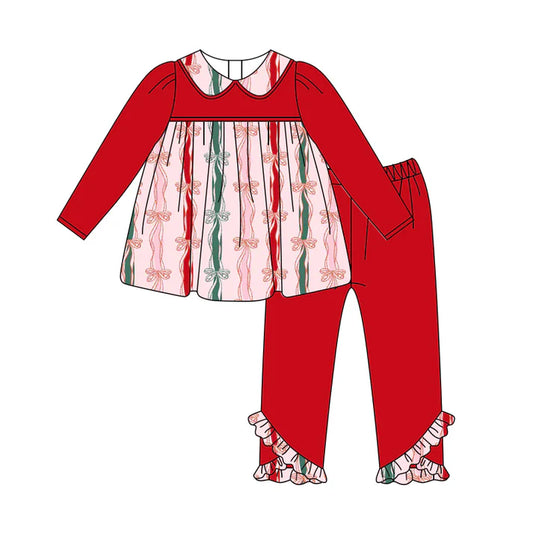 Preorder (moq 5)Baby Girls Red Long Sleeves Bows Stripes Tunic Ruffle Pant Set 6.3
