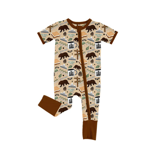 Preorder (moq 5)Baby Boys Khaki Short Sleeves Bears Western Zipper Rompers 5.17