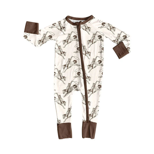 Preorder (moq 8)Baby Girls Horse Rodeos Western Zipper Footie Rompers 9.8