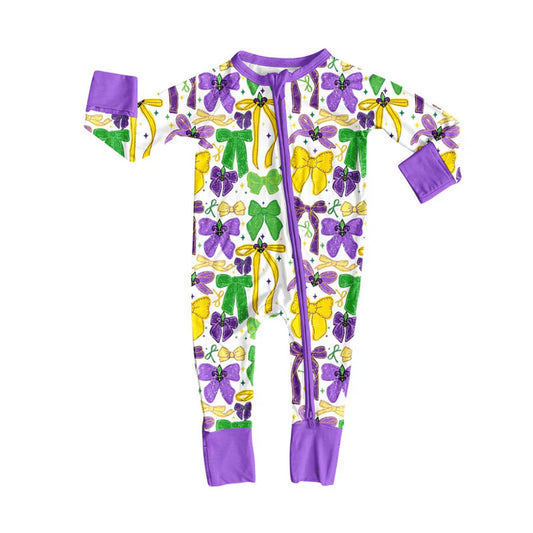 Preorder (moq 8)Baby Girls Purple Yellow Green Bows Stars Mardigras Zipper Footie Rompers 9.11