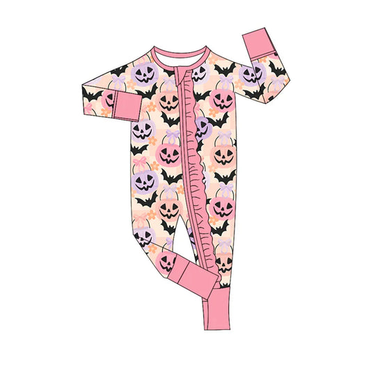 Preorder (moq 5)Baby Girls Long Sleeves Ghost Pumpkins Bats Pink Plaid Zipper Pant Rompers 6.13