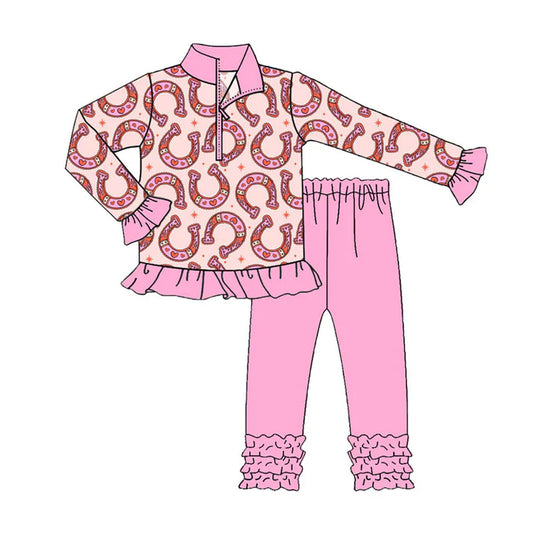 Preorder (moq 8)Baby Girls Pink Horses Shoes Hearts Zipper Pullovers Ruffle Legging Clothes Sets 9.18
