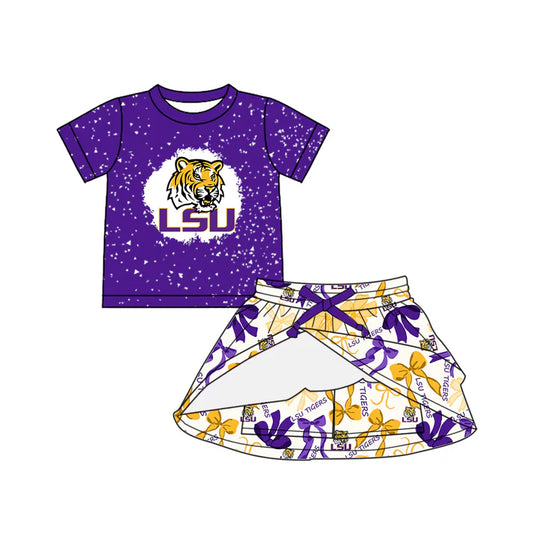 Preorder (moq 5)Baby Girls Purple Short Sleeves LSU Tiger Top Bows Plaid Skorts Team Set 6.16