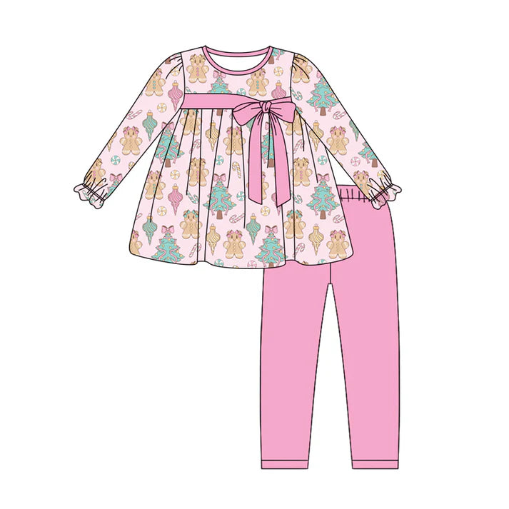 Preorder (moq 5)Baby Girls Long Sleeves Pink Trees Gingerbread Tunic Legging Pant Sets 5.28