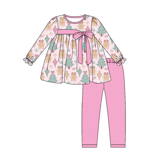 Preorder (moq 5)Baby Girls Long Sleeves Pink Trees Gingerbread Tunic Legging Pant Sets 5.28