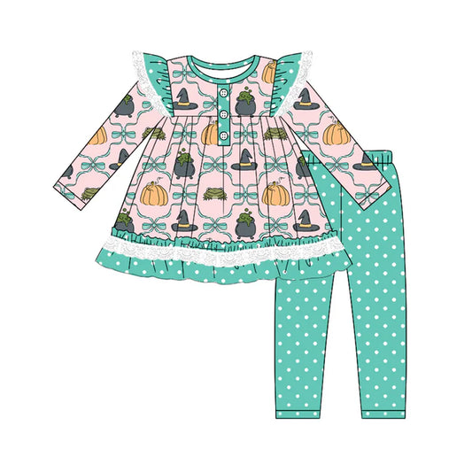 Preorder (moq 5)Baby Girls Pumpkins Magic Hats Tunic Blue Polka Dots Legging Pant Set 5.19