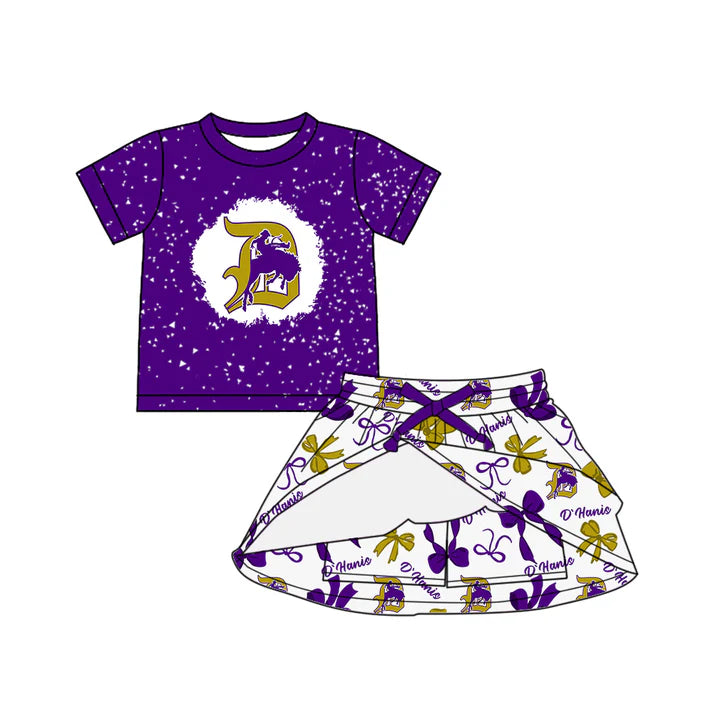 Preorder (moq 5)Baby Girls Purple Short Sleeves Horse Rodeos Top Bows Plaid Skorts Team Set 6.30
