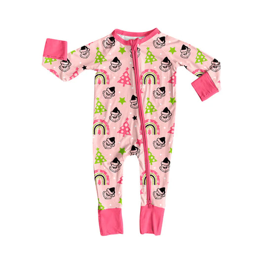 Preorder(moq 5)Baby Girls Pink Christmas Trees Green Face Zipper Footie Rompers 8.15