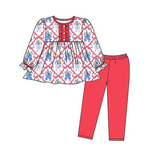 Preorder (moq 5)Baby Girls Long Ruffle Sleeves Red Bows Plaid Button Tunic Legging Pant Set 5.20