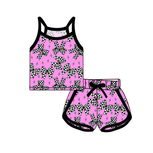 Preorder (moq 5)Baby Girls Strap Plaid Bows Stars Print Top Short Sport Set 4.26