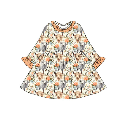 Preorder (moq 5)Baby Girls Highland Cows Floral Ruffle Knee Length Dresses 7.31