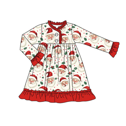 Preorder (moq 8)Baby Girls Santa Holly Christmas Button Ruffle Knee Length Dresses 9.22