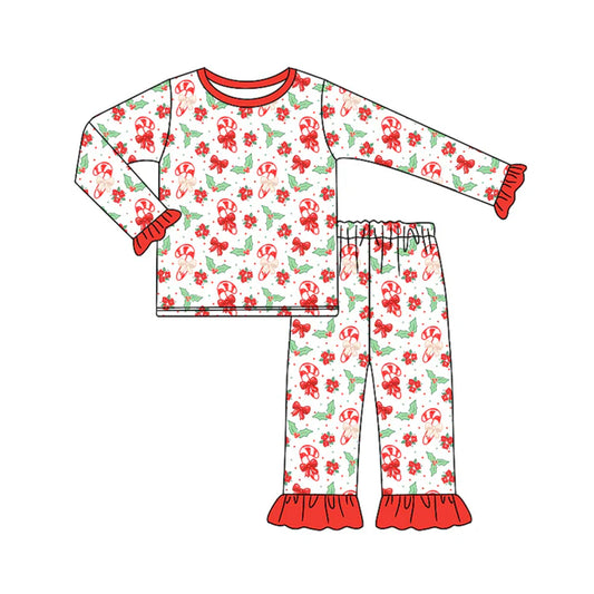 Preorder (moq 5)Baby Girls Long Ruffle Sleeves Bows Candy Cane Top Pant Pajamas Set 6.21