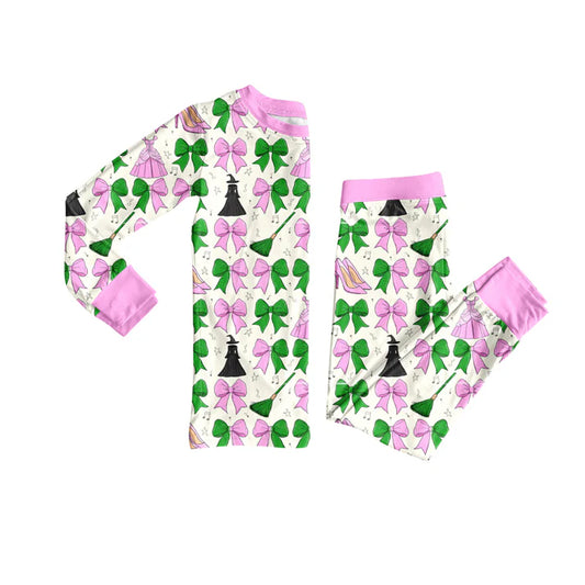 Preorder(moq 5) Baby Girls Long Sleeves Green Pink Bows Plaid Magic Top Pants Pajamas Set 7.22