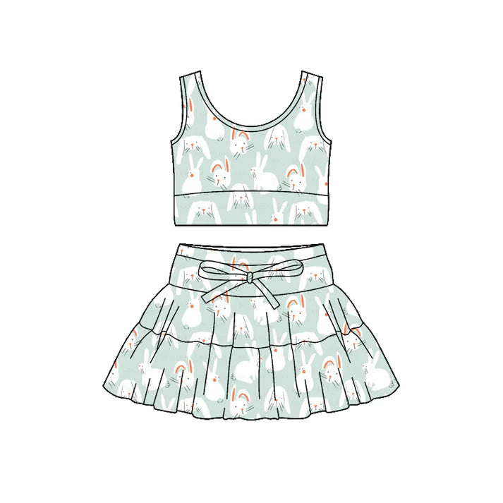 Preorder (moq 5)Baby Girls Blue Rabbits Plaid Vest Ruffle Skirt Shorts Easter Clothes Sets 12.4