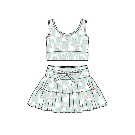 Preorder (moq 5)Baby Girls Blue Rabbits Plaid Vest Ruffle Skirt Shorts Easter Clothes Sets 12.4
