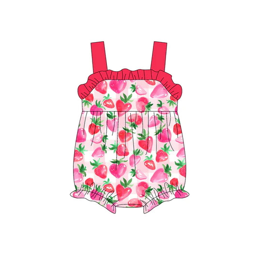 Preorder (moq 5)Baby Girls Red Strap Hearts Strawberry Ruffle Bubble Rompers 4.25