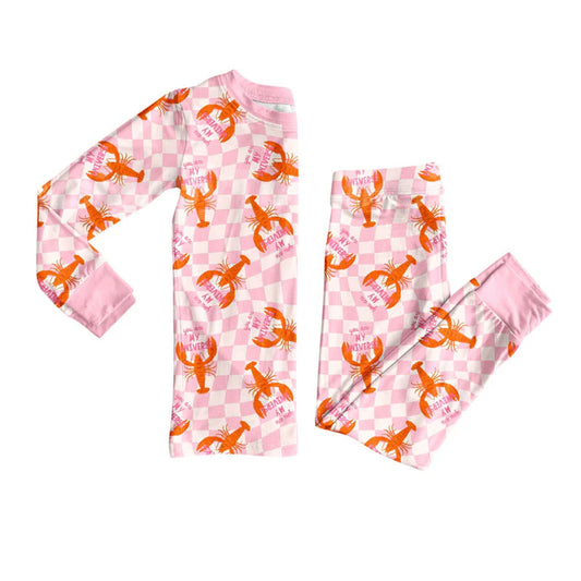 Preorder (moq 8)Baby Girls Pink Checked Crayfishes Top Pants Pajamas Sets 9.15